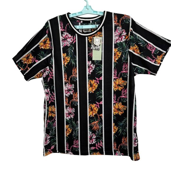 Fresh Prints Of Bel-Air Black Floral Striped Mens T-Shirt SZ L Dark Floral - Picture 1 of 8